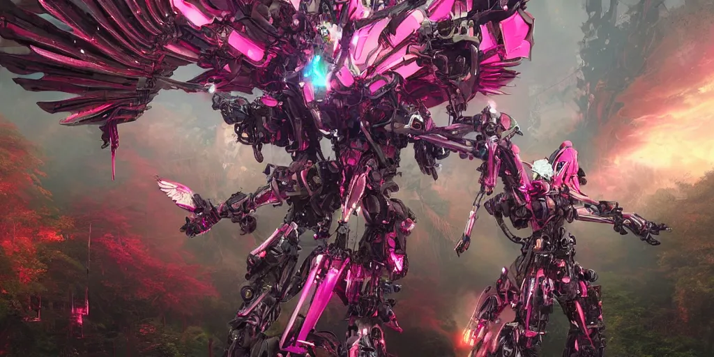 Image similar to a female saints made of mecha with huge feature wings is flying in the fantasy forest by merriam, daniel, intricate mechanical details, futuristic, 2 k aesthetic, dramatic lighting, concept art, 4 k, 3 d octane render, pink and red collection, highly saturated colors, provenance, detailed, trending on artstation