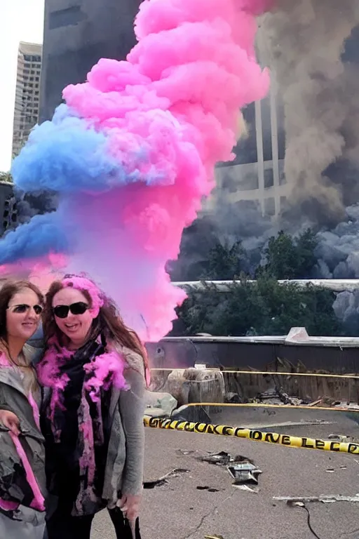 Prompt: 9/11 Gender reveal, horrifying, pink and blue smoke, intense, flaming building, airplane crashes