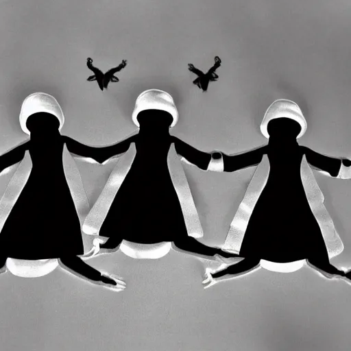 Prompt: black and white, award winning photo, levitating twin nuns each having 6 arms, wearing swimsuit, pentgram necklace, a guillotine is depicted, the nuns have Very long arms, in a sanctuary, eerie, frightening —width 1024 —height 1024
