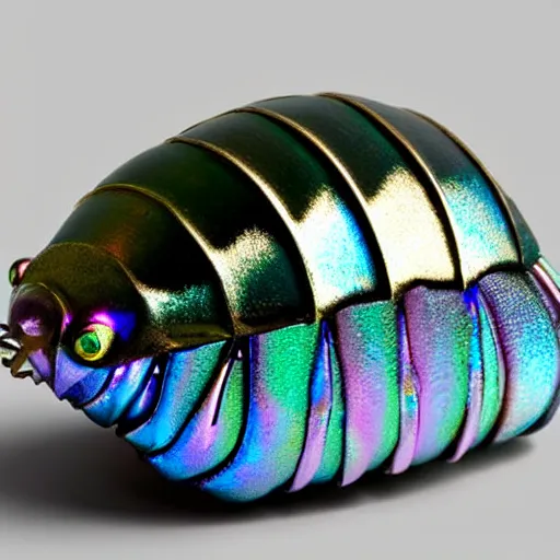 Image similar to 9 0 mm studio photograph tiny, abstract iridescent metallic giant isopod. from a distance. white background. long shot. centered in frame