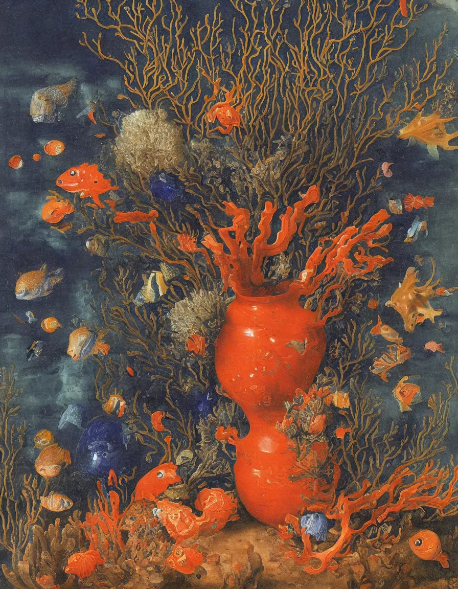 Image similar to bottle vase of coral under the sea decorated with a dense field of stylized scrolls that have opaque outlines enclosing mottled blue washes, with orange shells and purple fishes, Ambrosius Bosschaert the Elder, oil on canvas, hyperrealism, around the edges there are no objects