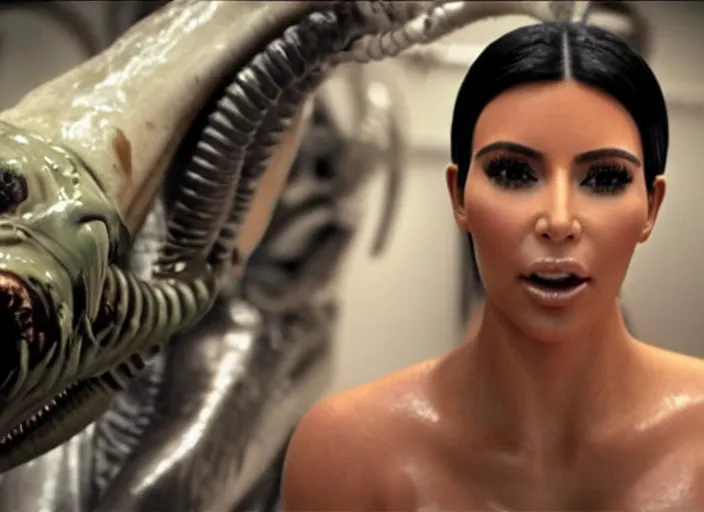 Image similar to film still of kim kardashian being ingested by an xenomorph, alien goo, transparent goo, transparent liquid, saliva, 8 k