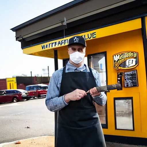 Prompt: wafflehouse restaurant cook standing outside smoking a cigarette