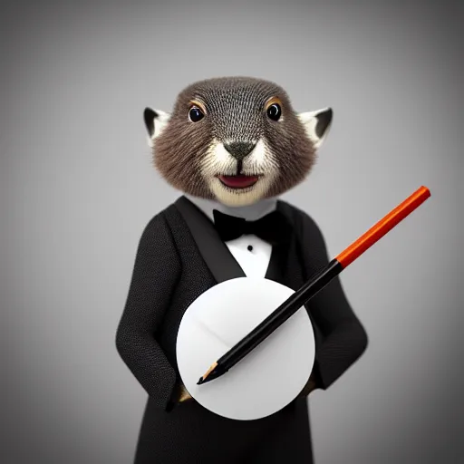 Image similar to a cute marmot in a tuxedo while holding a pencil, digital art, 3 d artistic render, octane, blender, cartoon, shadows, lighting