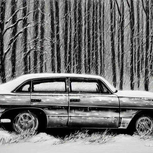 Prompt: rusty ford bel air in winter forest, grey scale, oil painting