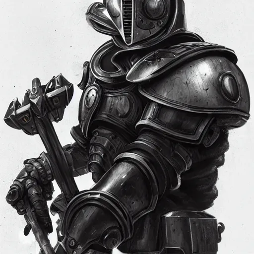 Image similar to knight pepe, scifi, power armor, mechasuit, medieval pepe, futuristic sword, heavy gun, armored, helmet, military, heavy, modern, gaz mask, black and white, concept art, bust portrait, Nekro, Tom Bagshaw, Craig Mullins, ventail, exsokeleton