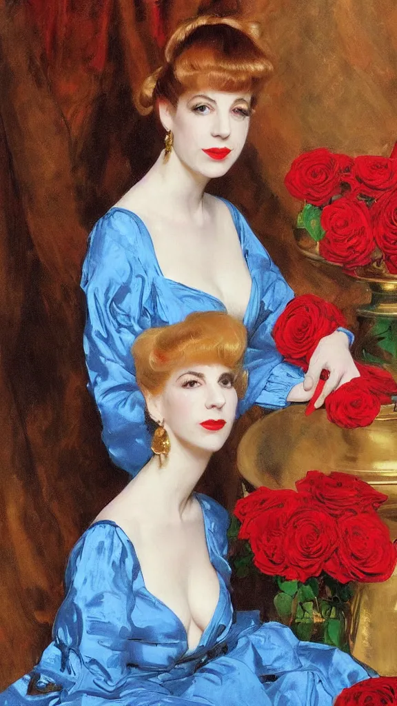 Image similar to portrait of young julee cruise in detailed golden sleeve balloon dress beside a pot of red roses, a persian blue detailed curtain in back painted by john singer sargent