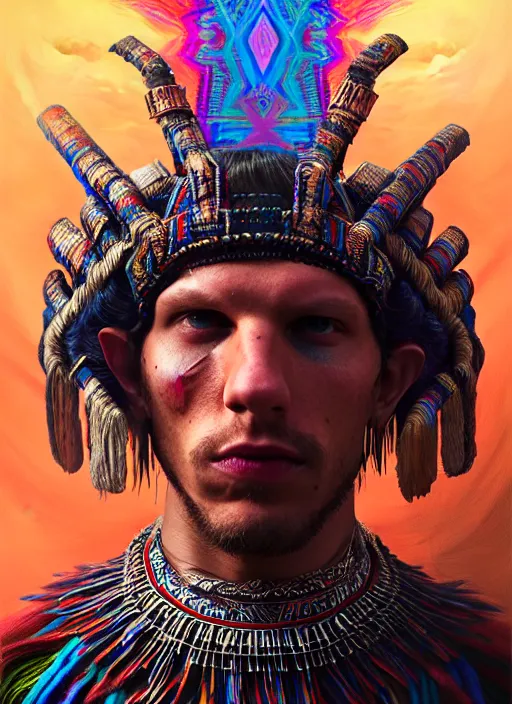 Image similar to portrait of jesse eisenberg, hyper detailed ultra sharp aztec shaman warrior. trending on artstation, warpaint aesthetic, bloodwave, colorful, psychedelic, ornate, intricate, digital painting, concept art, smooth, sharp focus, illustration, art by artgerm and greg rutkowski and h. r. giger, 8 k