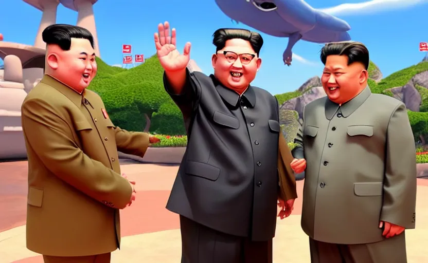 Prompt: very cute happy kim jong un shaking hands with duterte disney pixar character concept artwork, 3 d concept, fortnite character, high detail iconic character for upcoming film, 8 k octane render