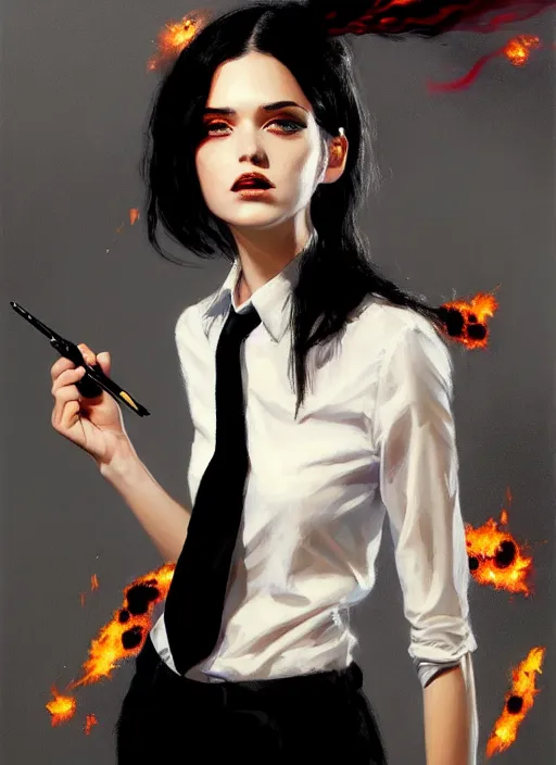 Prompt: a ultradetailed beautiful panting of a stylish woman wearing a shirt with a tie, she has black hair, bored, background firey explosion and riots, by ashley wood, ilya kuvshinov, greg rutkowski on artstation