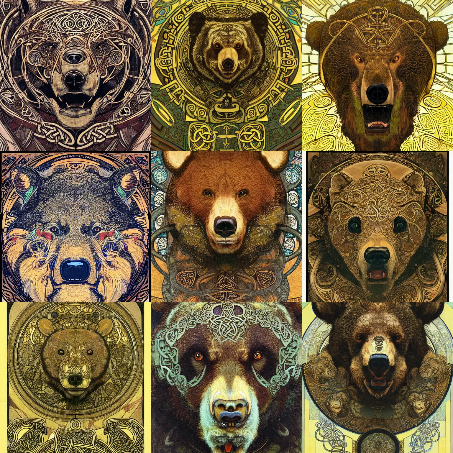 Prompt: portrait close - up of a growling angry bear, symetry,, intricate, celtic symbols, stephanie pui - mun law, alfons mucha