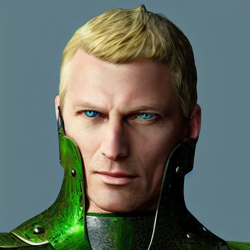 Image similar to concept art, 50 years old men, blonde, blue eyes, green-blue medieval leather armor, no helmet, high detail, digital art, realistic