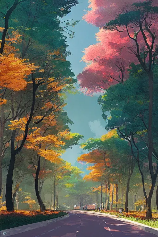 Image similar to avenida paulista in a colorful moutain with beautiful trees, morning, by studio ghibli painting, superior quality, masterpiece, traditional Japanese colors, by Grzegorz Rutkowski, concept art