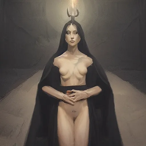 Image similar to “a beautiful girl wearing a black robe performing a satanic ritual by Greg Rutkowski, dark fantasy, realism, trending on Artstation”