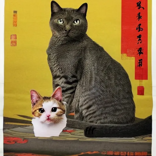 Image similar to picture of a cat on a chinese maoist propaganda poster