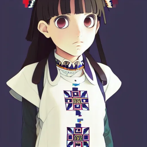 Image similar to a beautiful! boyish! natalie portman model, wearing catholic school girl outfit with mayan pattern and native style, aztec street fashion, guilty gear art direction, perfect face, gapmoe yandere grimdark, trending on pixiv fanbox, painted by greg rutkowski makoto shinkai takashi takeuchi studio ghibli, akihiko yoshida