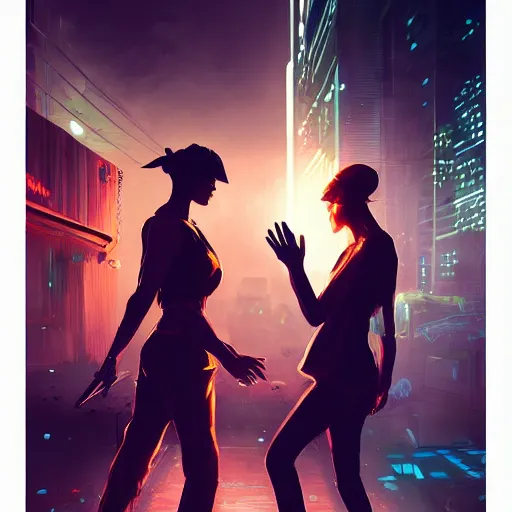 Image similar to two people arguing, detailed digital illustration by greg rutkowski, cyberpunk back alley, nighttime, colorful lighting, android netrunner