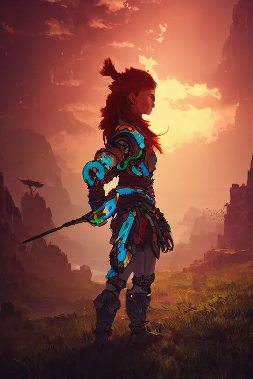 Image similar to combination suit armor aloy horizon forbidden west horizon zero dawn radiating a glowing aura global illumination ray tracing hdr fanart arstation by ian pesty and alena aenami artworks in 4 k tribal robot ninja mask helmet backpack