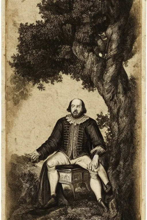 Image similar to shakespeare sitting beneath a shade tree with a big pile of crumpled parchment behind him