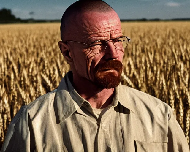 Image similar to walter white standing in front of gustavo fring in a wheat field, side view, 3 5 mm photograph, 8 k resolution, wide shot, sharp lens