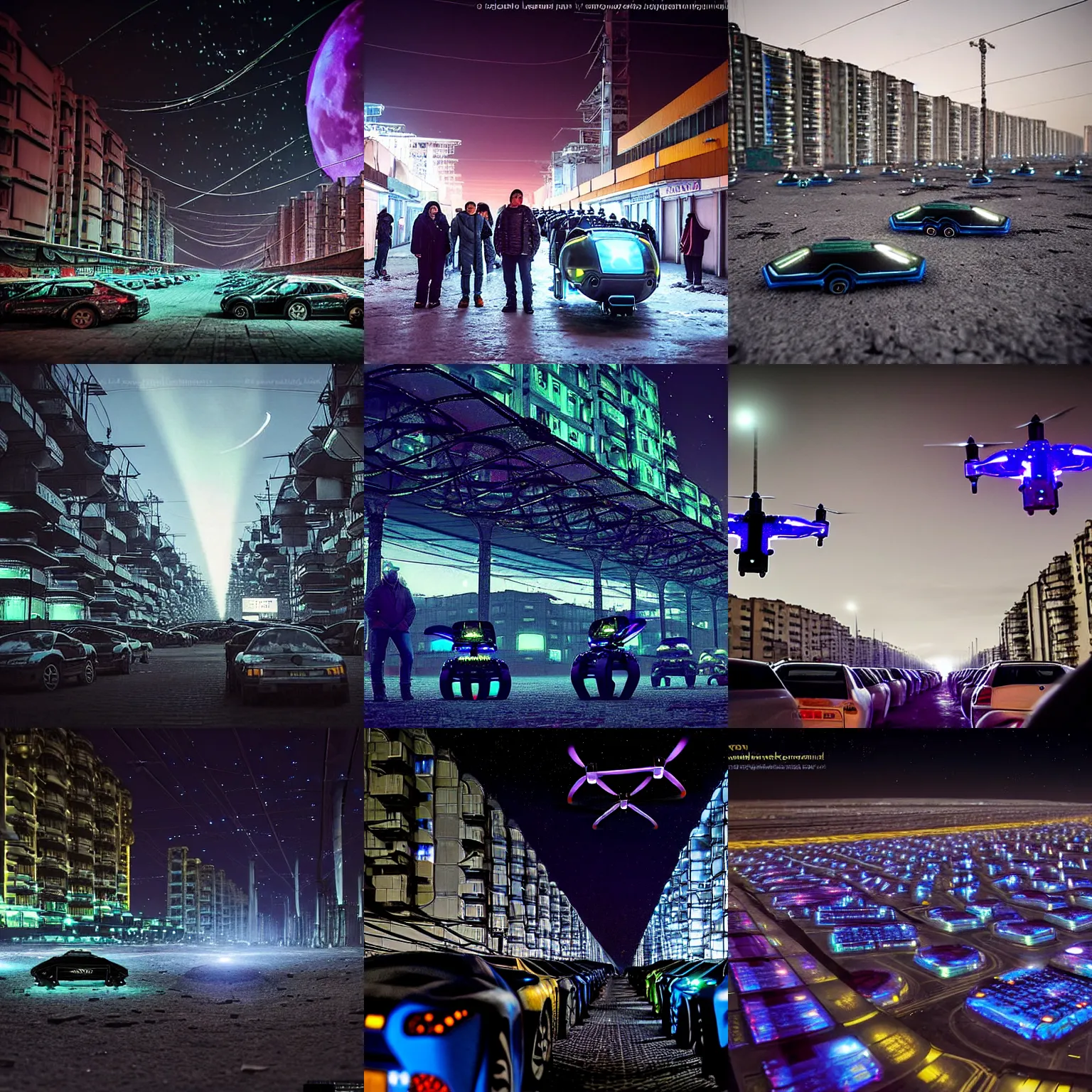 Prompt: hundreds of plasma drone vehicles on the avenue in a Russian cyberpunk slum city called Neo Norilsk on the Moon, at night, diverse, lively, black sky full of stars, blinding sun, sci-fi, lots of flying cars, levitation, cyberpunk outfits, photorealistic, grainy, 35mm, intricate, very very beautiful, elegant, smooth, cinematic, Unreal Engine 5, trending on Artstation HD