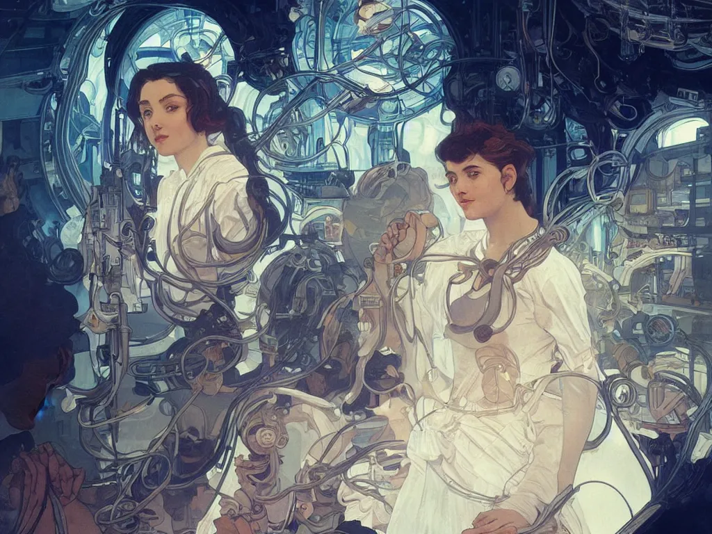 Prompt: Future godly calm scientist discovers the cure on space station lab, close-up, portrait, ethereal, elegant, intricate, beautiful, digital painting, artstation, concept art, smooth, sharp focus, by Alphonse Mucha