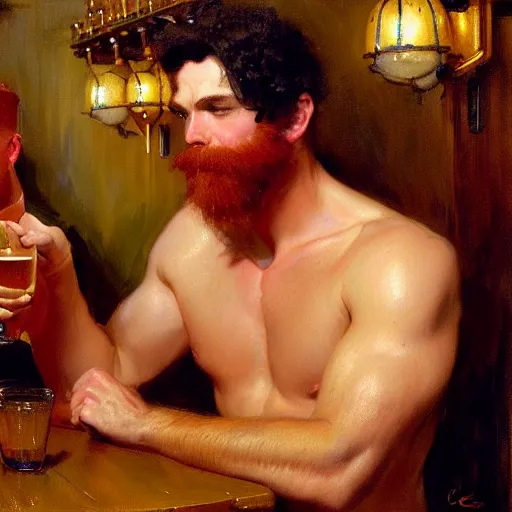 Image similar to handsome mike, wearing pants, with ginger hair with handsome tyler with black hair, drinking their hearts out, in a pub, no shirt. very defined and highly detailed painting by gaston bussiere, j. c. leyendecker, craig mullins 8 k