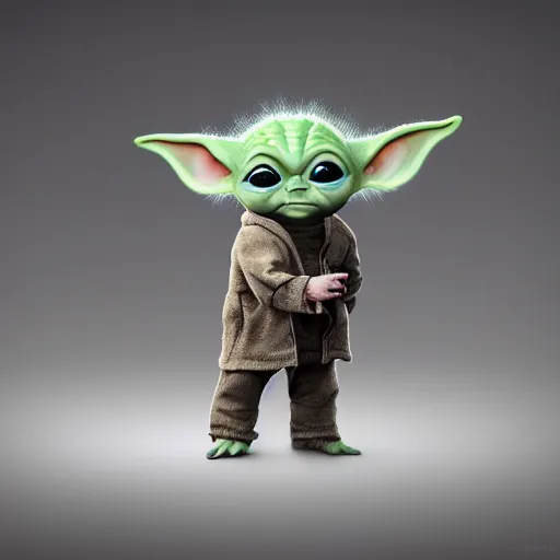 Image similar to full body pose, hyperrealistic photograph of baby yoda dressed as a pimp, dim volumetric lighting, 8 k, octane beautifully detailed render, extremely hyper detailed, intricate, epic composition, cinematic lighting, masterpiece, trending on artstation, very very detailed, stunning, hdr, smooth, sharp focus, high resolution, award, winning photo, dslr, 5 0 mm