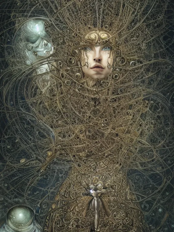 Image similar to a detailed render of Baroque tarot card ,by Nekro,Billelis,peter gric,Trending on artstation,bismuth，fractalism，astrophotography,maximalism,glittering,Ligne Claire,darkhyperreal