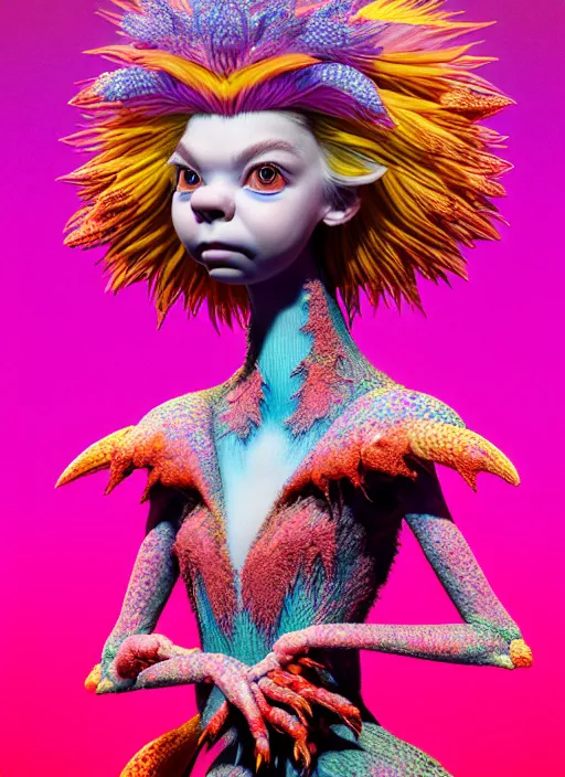 Image similar to hyper detailed 3d render like a Oil painting - kawaii portrait of two Aurora (a beautiful skeksis muppet fae princess protective playful expressive from dark crystal that looks like Anya Taylor-Joy) seen red carpet photoshoot in UVIVF posing in scaly dress to Eat of the Strangling network of yellowcake aerochrome and milky Fruit and His delicate Hands hold of gossamer polyp blossoms bring iridescent fungal flowers whose spores black the foolish stars by Jacek Yerka, Ilya Kuvshinov, Mariusz Lewandowski, Houdini algorithmic generative render, golen ratio, Abstract brush strokes, Masterpiece, Edward Hopper and James Gilleard, Zdzislaw Beksinski, Mark Ryden, Wolfgang Lettl, hints of Yayoi Kasuma and Dr. Seuss, octane render, 8k