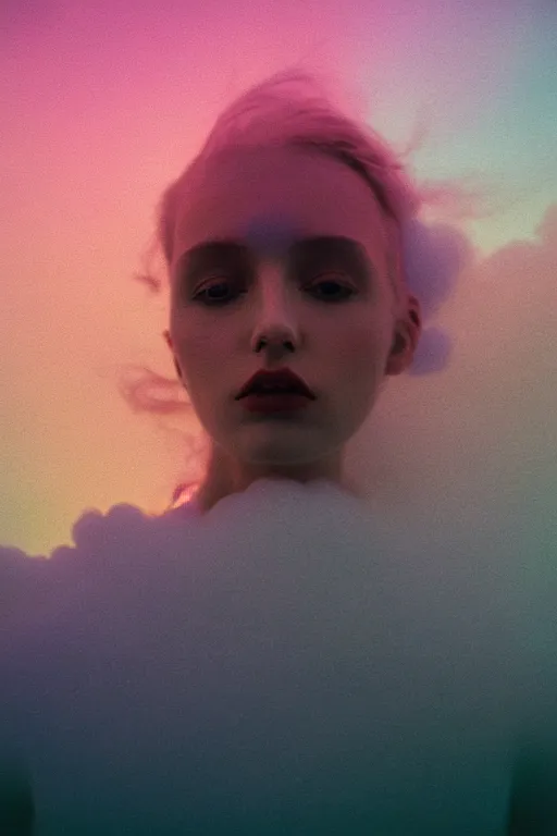 Image similar to high quality pastel coloured film close up wide angle photograph of a model wearing clothing resting on cloud furniture in a icelandic black rock!! environment in a partially haze filled dreamstate world. three point light, rainbow. photographic production. art directed. pastel colours. volumetric clouds. pastel gradient overlay. waves glitch artefacts. extreme facial clarity. 8 k. filmic.