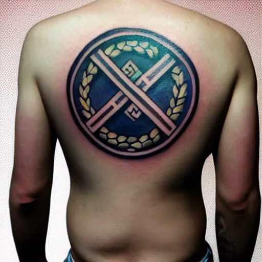 Image similar to tattoo of adolf hitler and coat of arms of ukraine many details, super realistic, high quality, 8 k