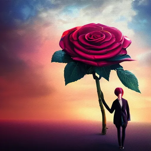 Prompt: closeup, huge rose flower under head, frontal, girl in a suit, surreal photography, sunrise, dramatic light, impressionist painting, digital painting, artstation, simon stalenhag