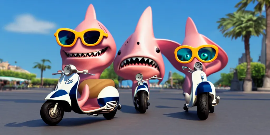 Prompt: a cute shark on a vespa wearing giant sunglasses, pixar sharp render