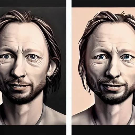 Prompt: Caricature portraits done of a young Thom Yorke, realistic, hyperrealistic, very realistic, highly detailed, very detailed, extremely detailed, detailed, oil painting, digital art, trending on artstation