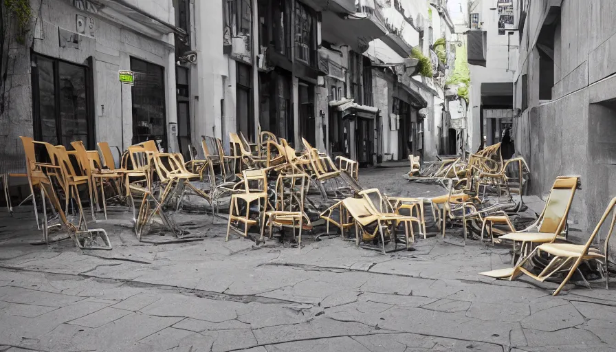 Image similar to chairs piled up on the walls of the street, hyperrealistic shaded