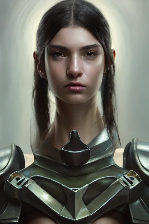 Prompt: a photorealistic painting of an attractive young girl, partially clothed in metal-plated battle armor, olive skin, long dark hair, beautiful bone structure, symmetrical face, perfect eyes, intricate, elegant, digital painting, concept art, illustration, sharp focus, minimal artifacts, from Metal Gear, in the style of Ruan Jia and Mandy Jurgens and Greg Rutkowski, trending on Artstation, award winning