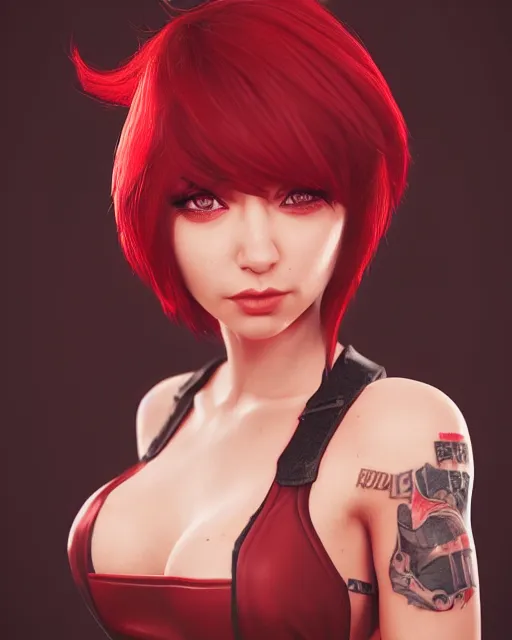 Image similar to a girl with short red hair, cool, vi from arcane, league of legends, fighter, cool red jacket, tattoo, beautiful, 3 d, potrait, art staion, studio light, closeup shot, octane render, wlop, realistic, neon