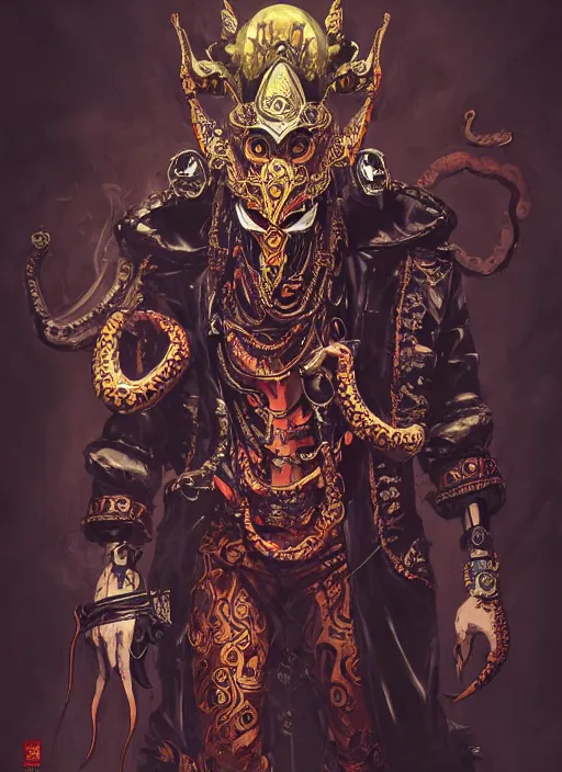 Prompt: half body portrait of an evil deity, a squid man in an ornate carnival mask and black rugged ornate trench coat oozing with smoke and dark aura. in style of yoji shinkawa and hyung - tae kim, trending on artstation, dark fantasy, great composition, concept art, highly detailed, dynamic pose, vibrant colours.