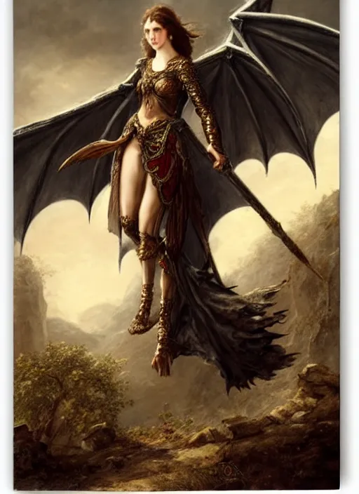 Image similar to woman in dark princess dragon armor, walking on the mystical ancient ruins. by william henry hunt