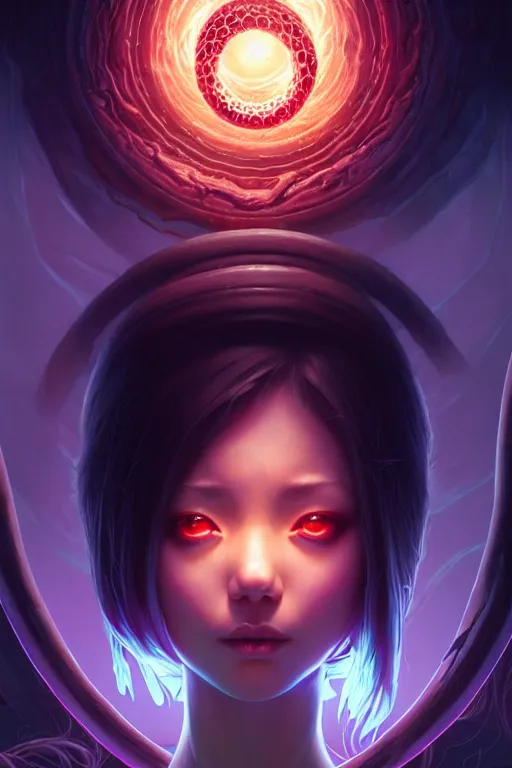 Image similar to azathoth girl save the earth, occlusion shadow, specular reflection, rim light, unreal engine, artgerm, artstation, art by hiroaki samura and ilya kuvshinov and ossdraws, intricate, highly detailed 8 k, cosmic horror illustration, extremely beautiful and aesthetic shape of face and body, movie poster