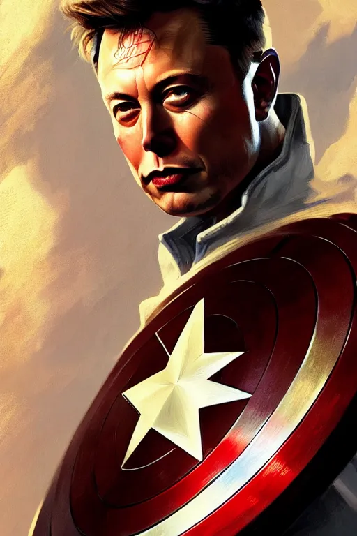 Image similar to elon musk as captain america, marvel character, portrait, highly detailed, digital painting, artstation, concept art, smooth, sharp focus, illustration, cinematic lighting, art by artgerm and greg rutkowski and alphonse mucha