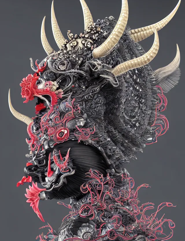 Image similar to 3 d goddess close - up profile satan biohazard portrait with crown, ram skull. beautiful intricately detailed japanese crow kitsune mask and clasical japanese kimono. betta fish, jellyfish phoenix, bio luminescent, plasma, ice, water, wind, creature, artwork by tooth wu and wlop and beeple and greg rutkowski