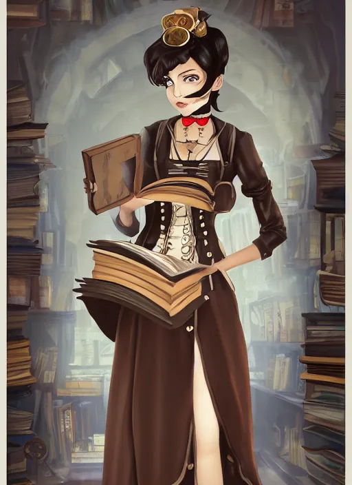 Prompt: a full shot of a steampunk female maid with a black bob hair style holding a stack of books, standing in a steampunk reading room. in a steampunk reading room. digital illustration, soft lighting lighting, 8K, anime, trending on ArtStation, digital art.