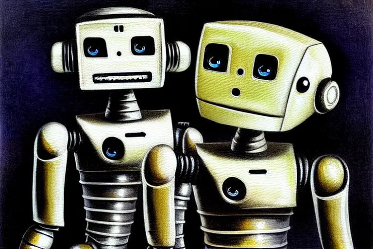 Image similar to a cute little robots painting by h. r. giger