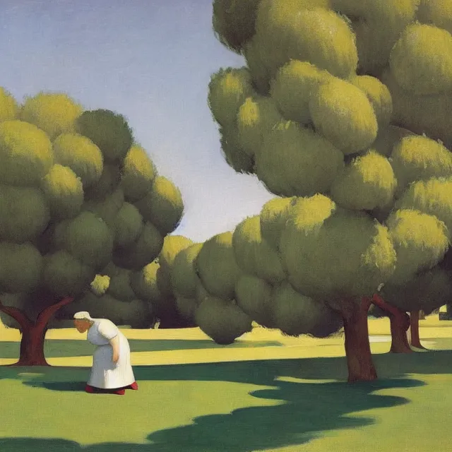 Prompt: a fat old lady with a very large frying pan in her hand on a lawn surrounded by olive trees edward hopper