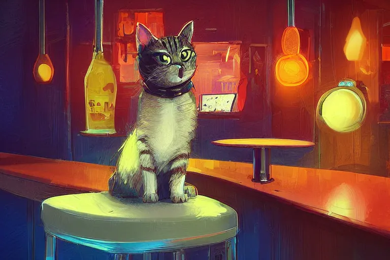 Image similar to a digital art of close up of a cat sits on a chair in a bar, animal, cute, light effect, highly detailed, by anton fadeev