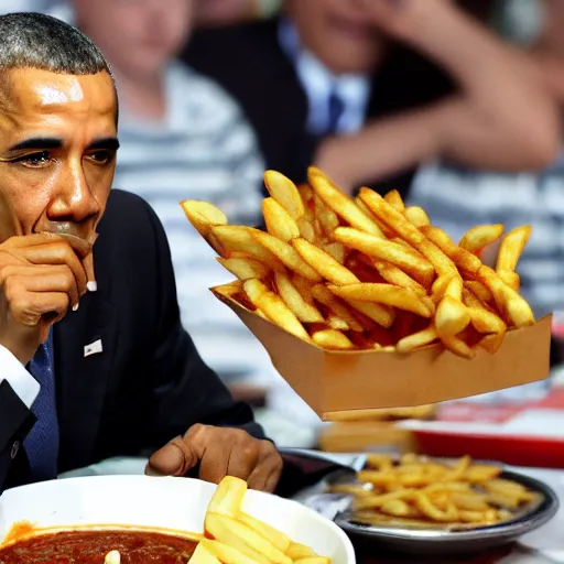 Image similar to barack obama eating chili fries, eating, chili fries, cheesy, eating, eating, eating