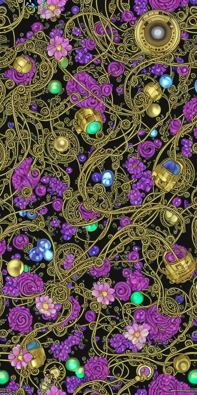 Image similar to seamless pattern of beautiful cybernetic robotic angel with colorful flowers bvlgari jewelry and cables arranged in a baroque damask pattern, subsurface scattering, rainbow liquids, inside organic robotic tubes and parts, black background, symmetrical composition + intricate details, hyperrealism, wet, reflections + by alfonse mucha, no blur