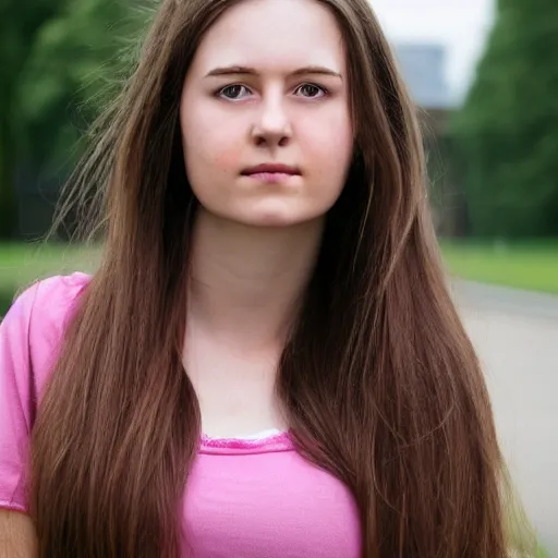 Image similar to A young woman with long brown hair and a pink top, headshot, with the top of Royal Holloway Building in the background, realistic photo